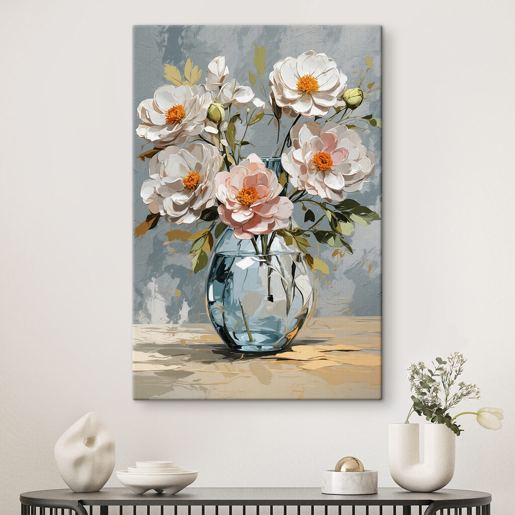 Bloemen in blauw glas — interieur 1