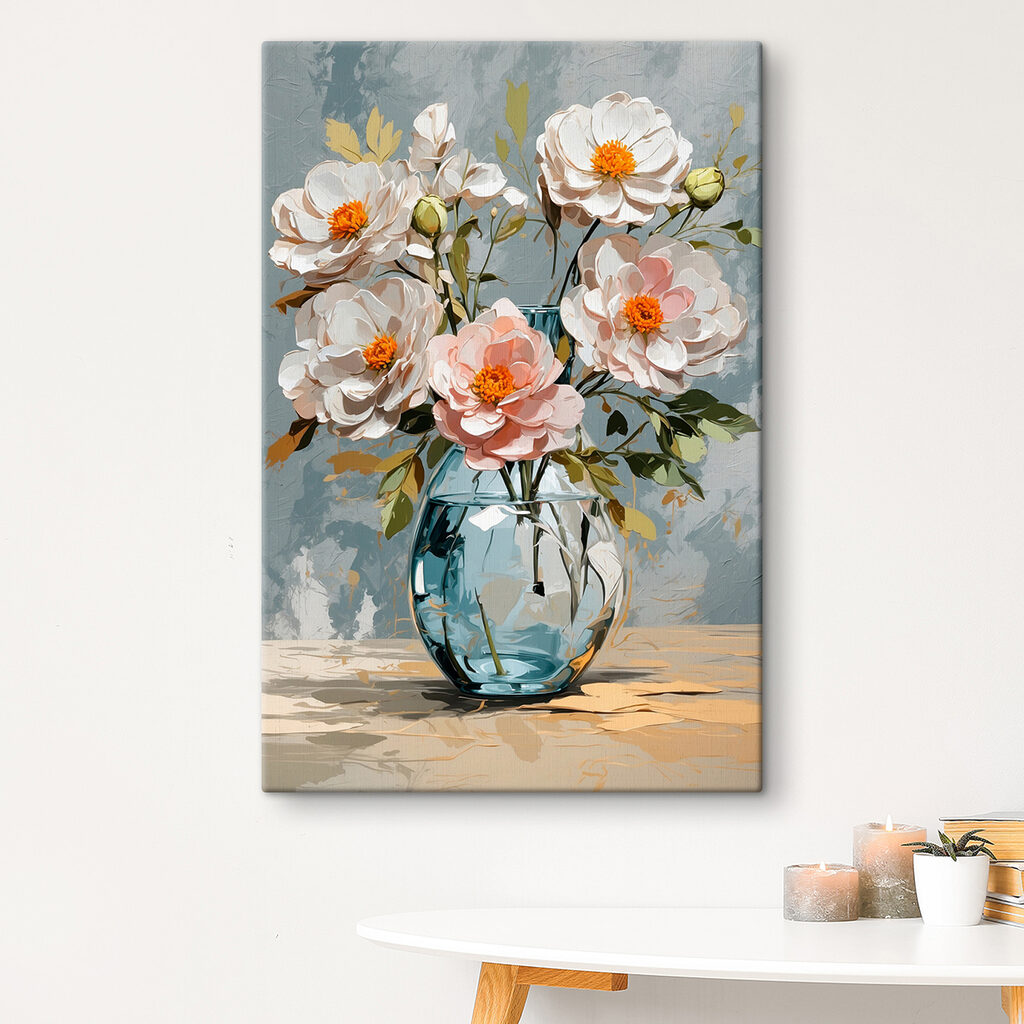 Bloemen in blauw glas — interieur 2