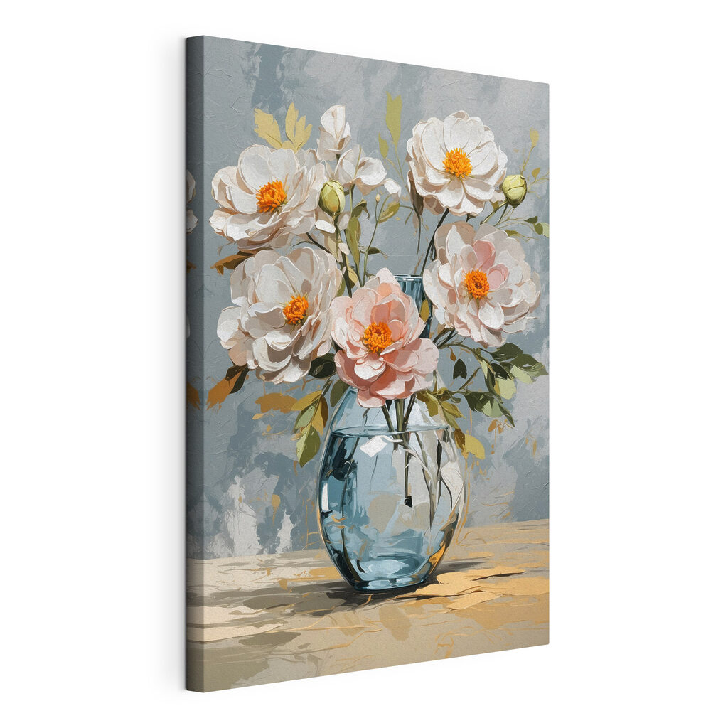 Bloemen in blauw glas, gespannen canvas met doorlopende rand