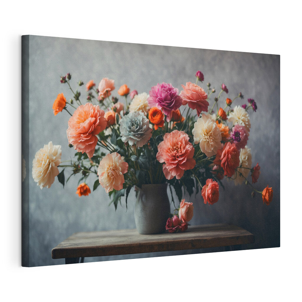 Een boeket op hout, gespannen canvas met doorlopende rand
