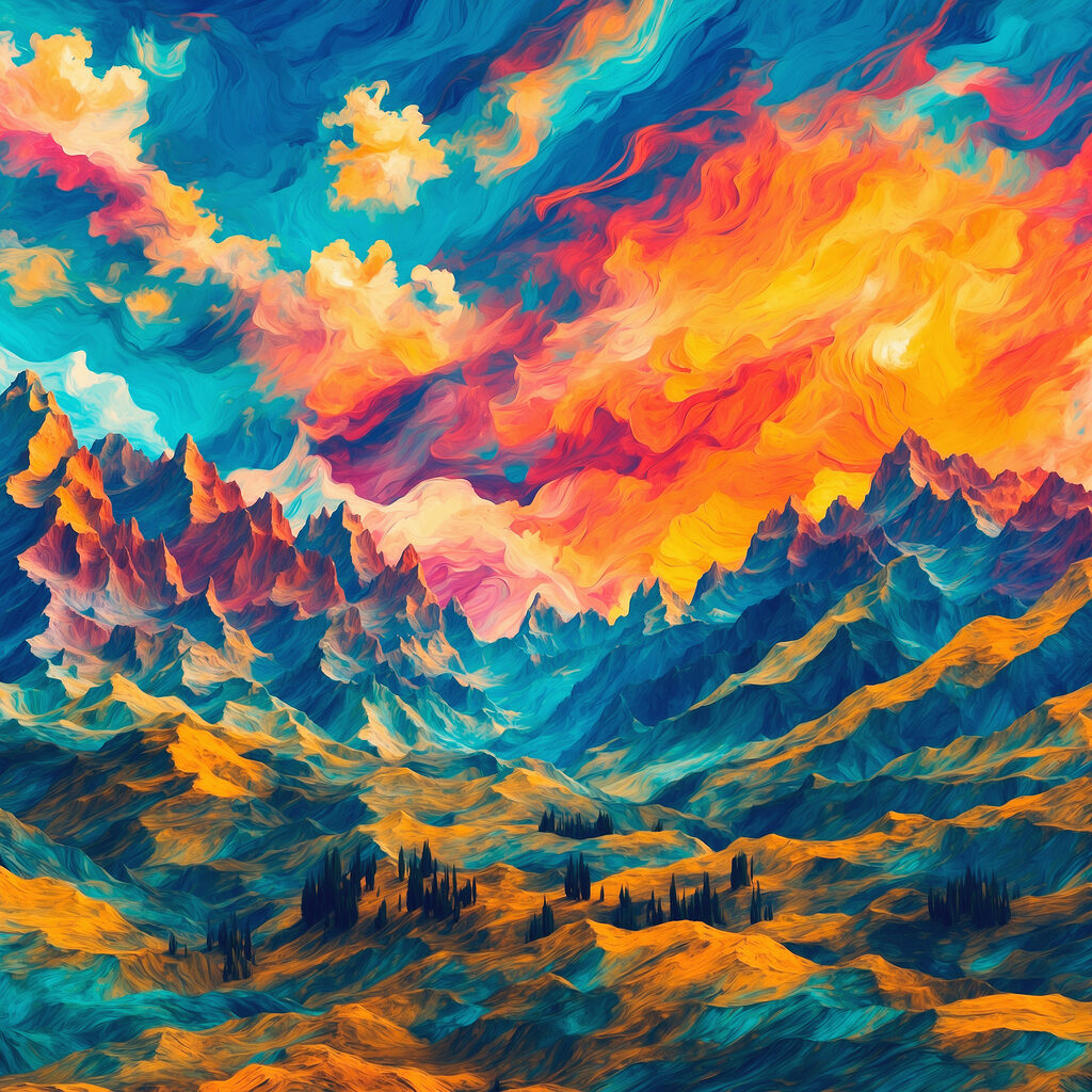 Bergen onder vlammende kleurwolken — volledig ontwerp