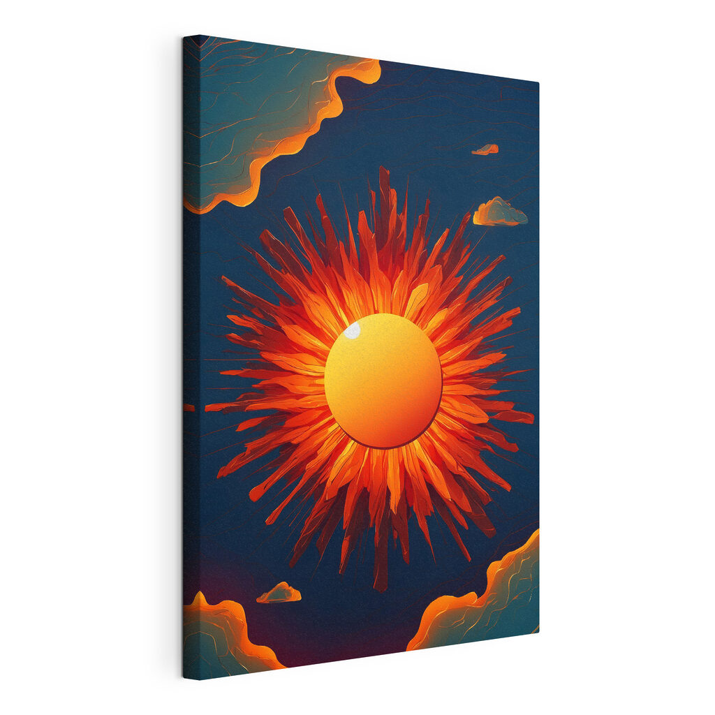 Zon met vurige stralen, gespannen canvas met doorlopende rand
