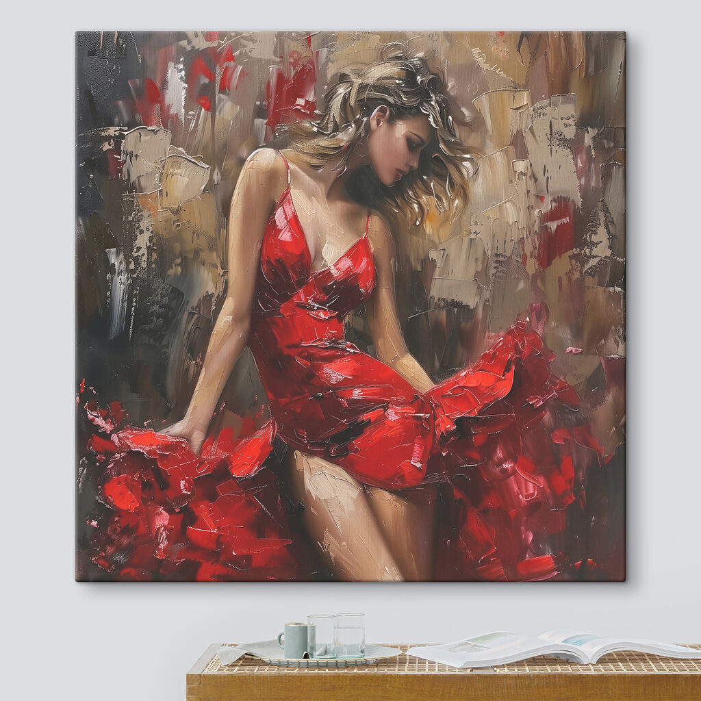 Schilderij van een vrouw in een rode jurk in een interieur