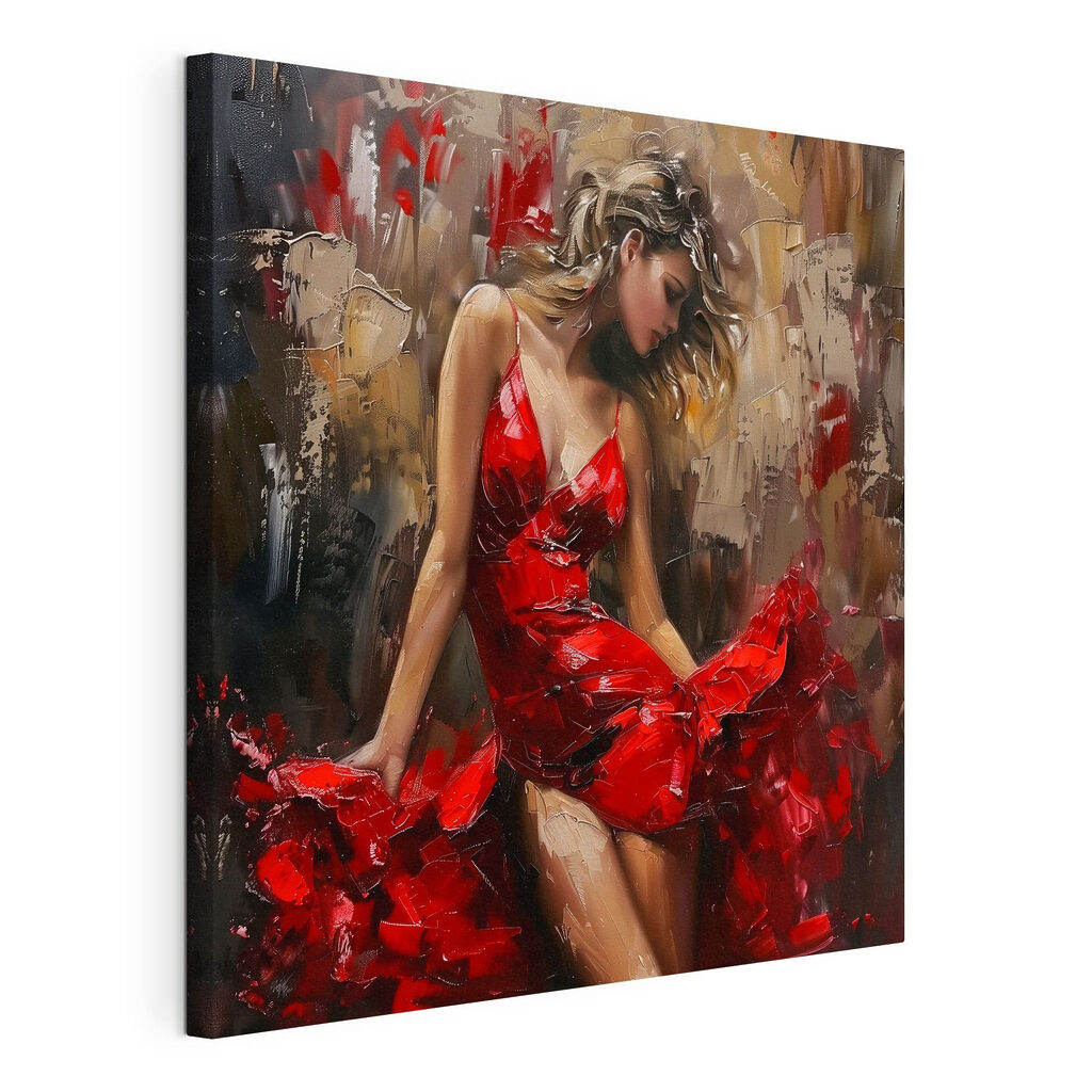 Rode jurk in beweging, gespannen canvas met doorlopende rand