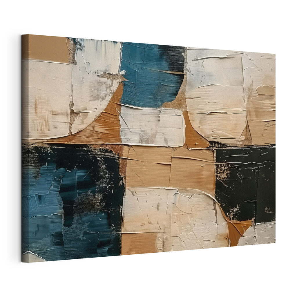 Turquoise tussen warme verfblokken, gespannen canvas met doorlopende rand