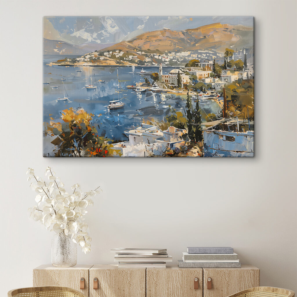 Schilderij van een stad en een waterlichaam in een interieur