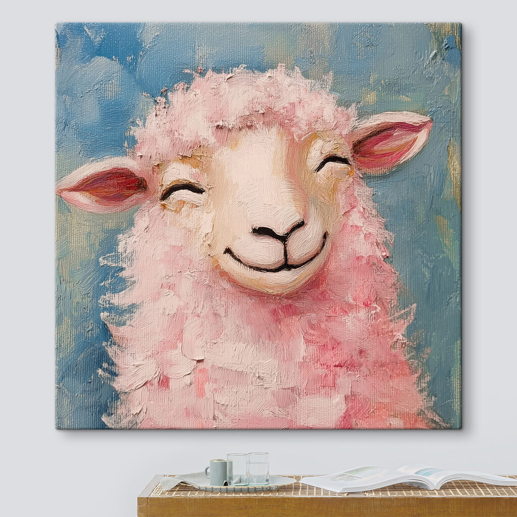Schilderij van een roze schaap in een interieur