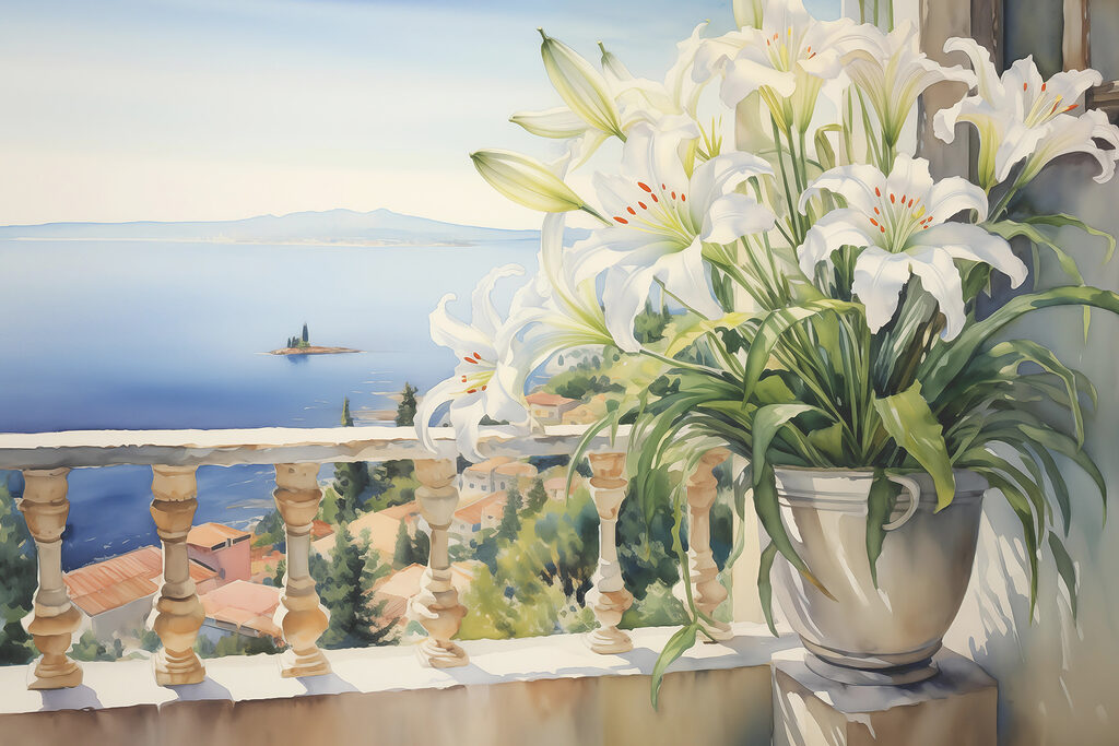 Witte lelies boven zee — volledig ontwerp