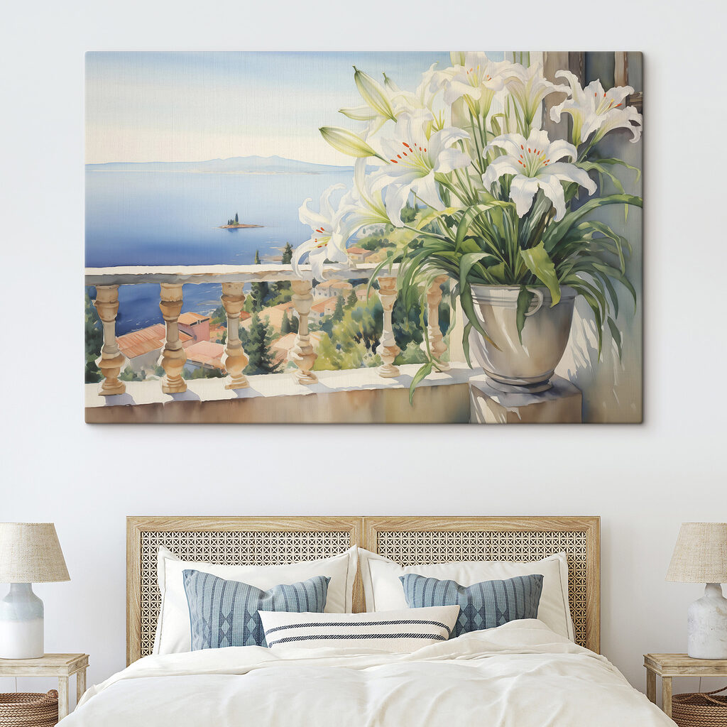 Witte lelies boven zee in een interieur