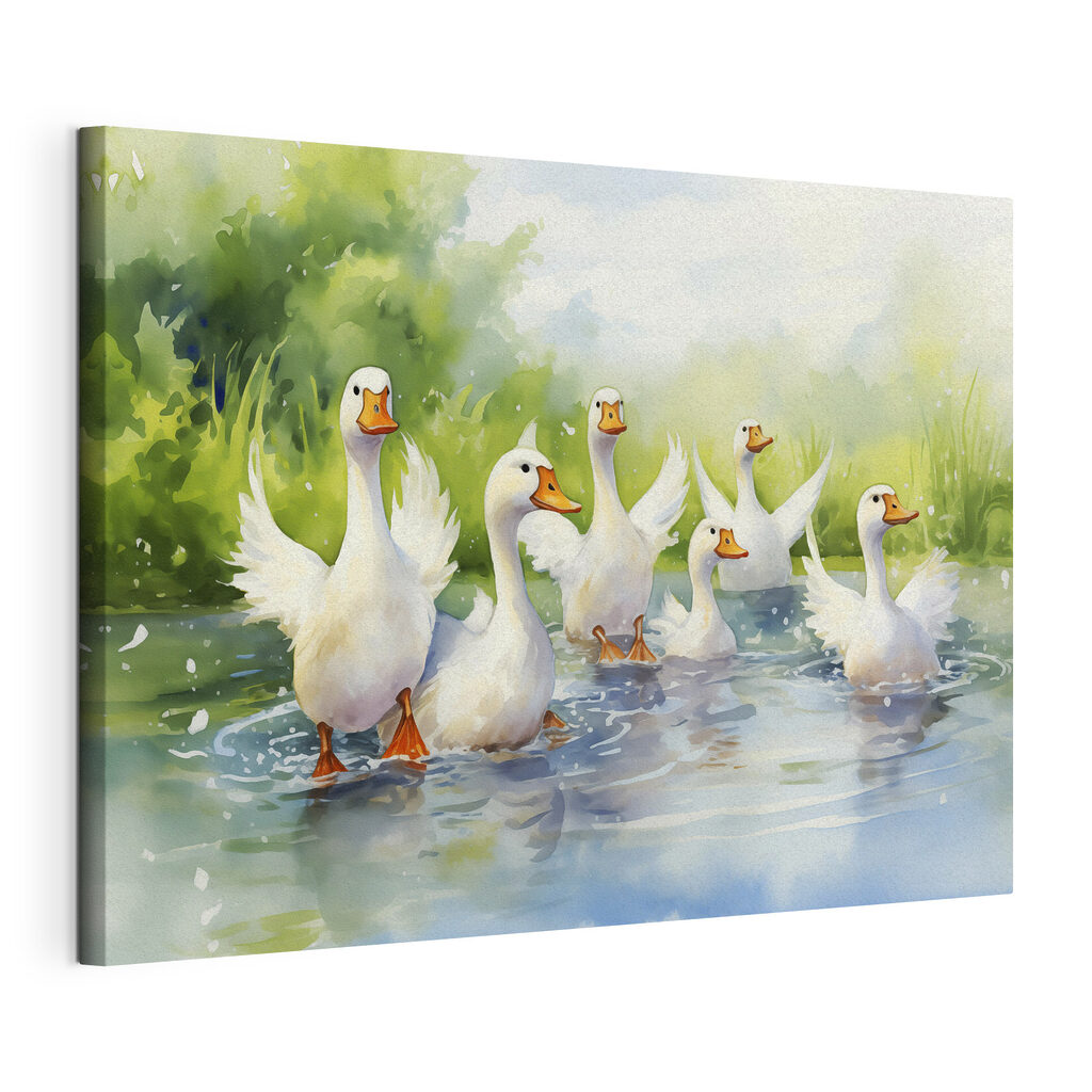 Ganzen in helder voorjaarswater, gespannen canvas met doorlopende rand