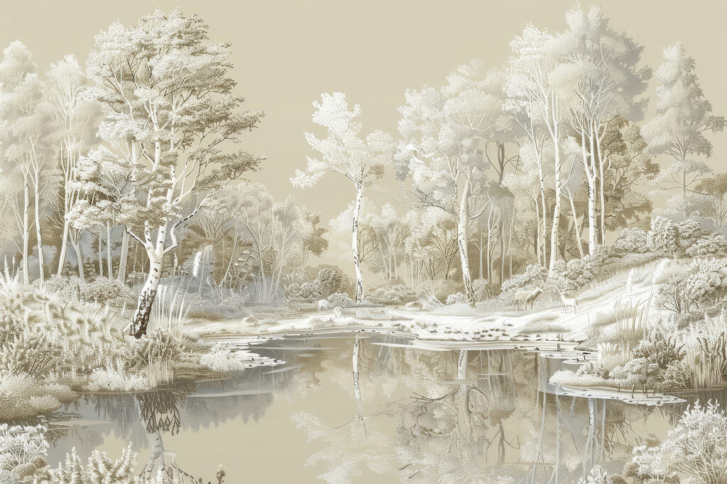 Witte bomen rond spiegelwater — volledig ontwerp