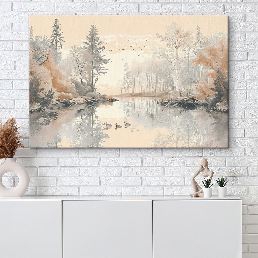Meer met bomen en vogels in een interieur