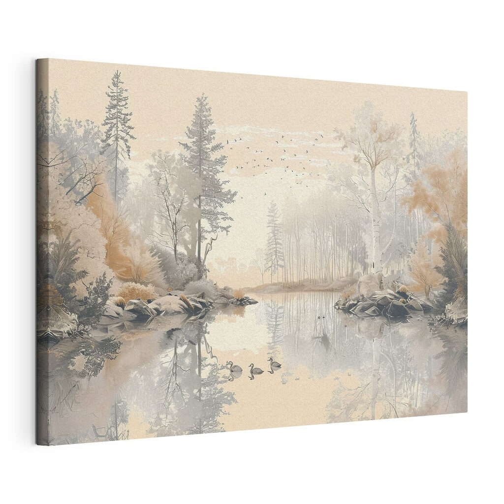 Eenden op bleek water, gespannen canvas met doorlopende rand