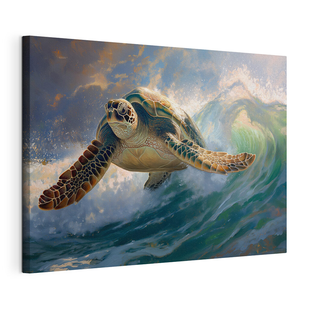 Zeeschildpad door een golf, gespannen canvas met doorlopende rand