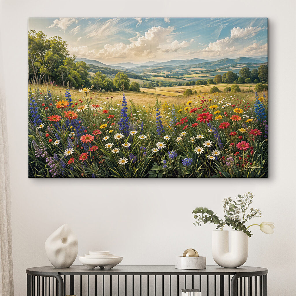 Bloemenveld met bergen op de achtergrond in een interieur