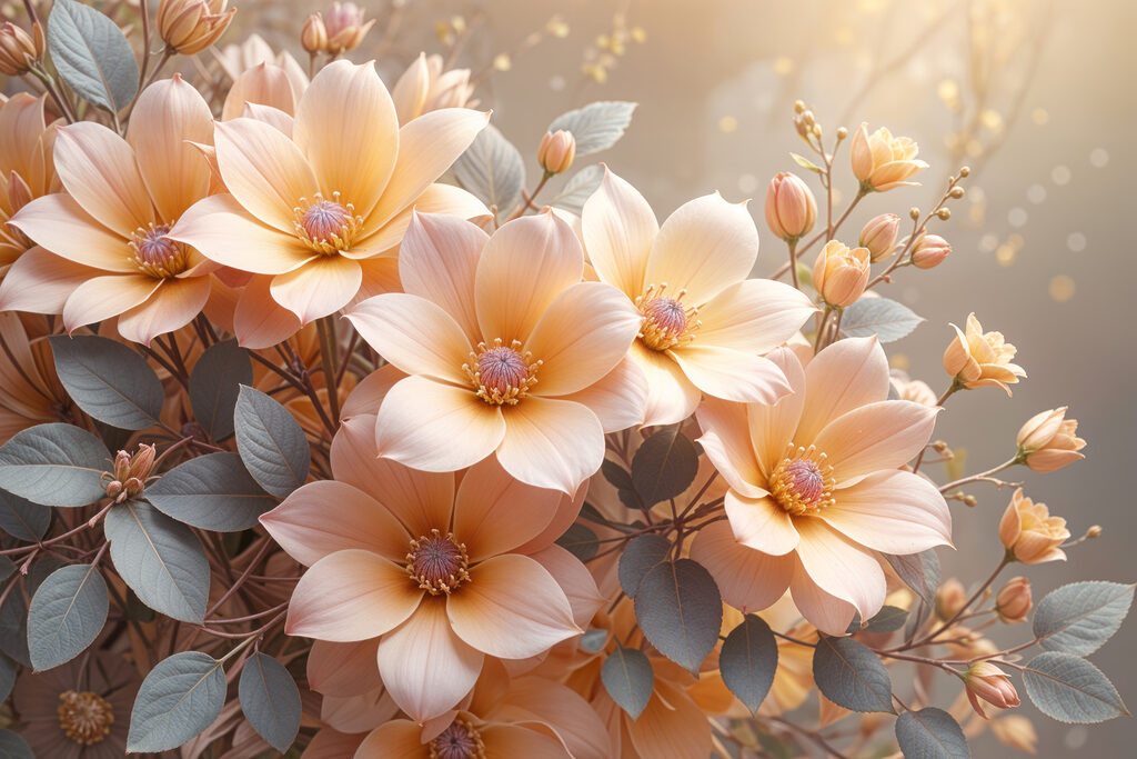 Perzikbloemen met grijze bladeren — volledig ontwerp