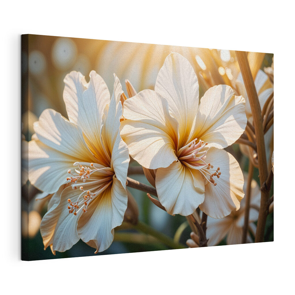 Witte bloemen in tegenlicht, gespannen canvas met doorlopende rand