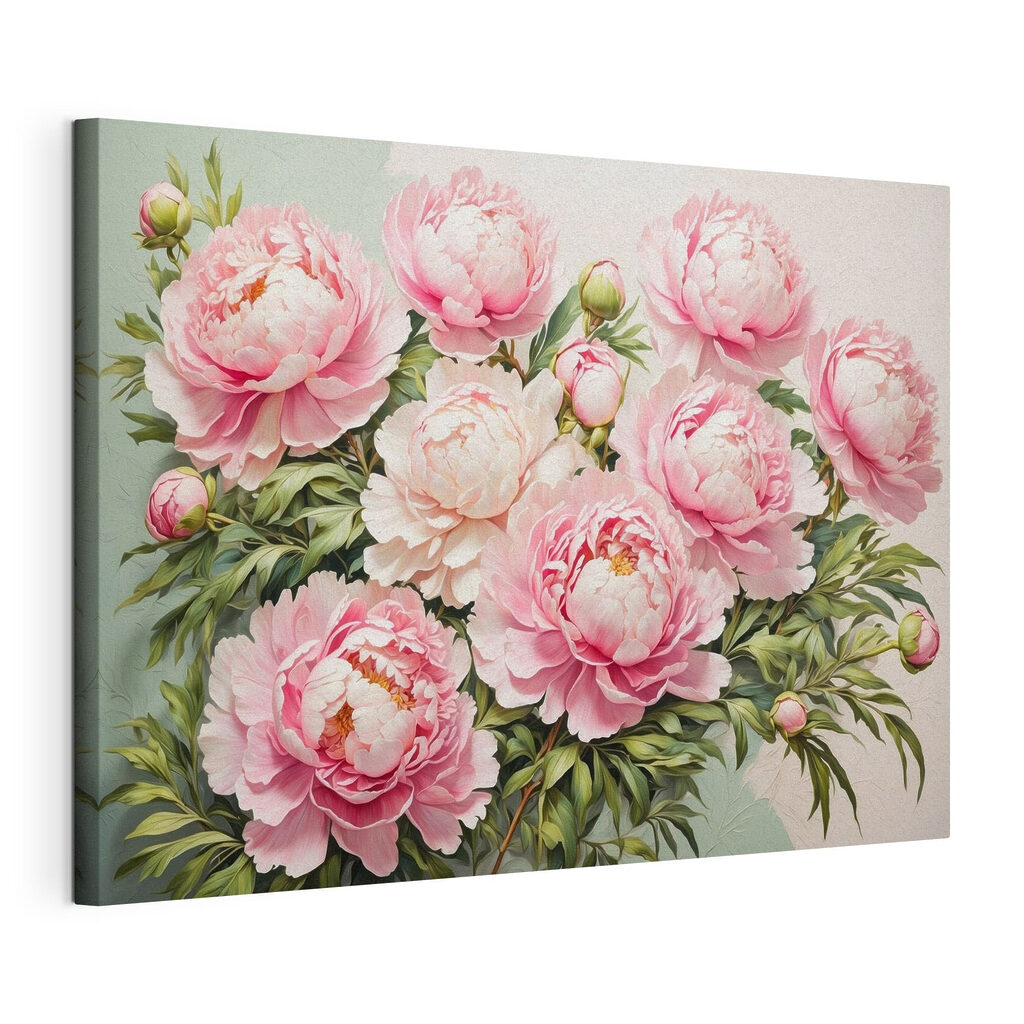 Pioenrozen met groene knoppen, gespannen canvas met doorlopende rand