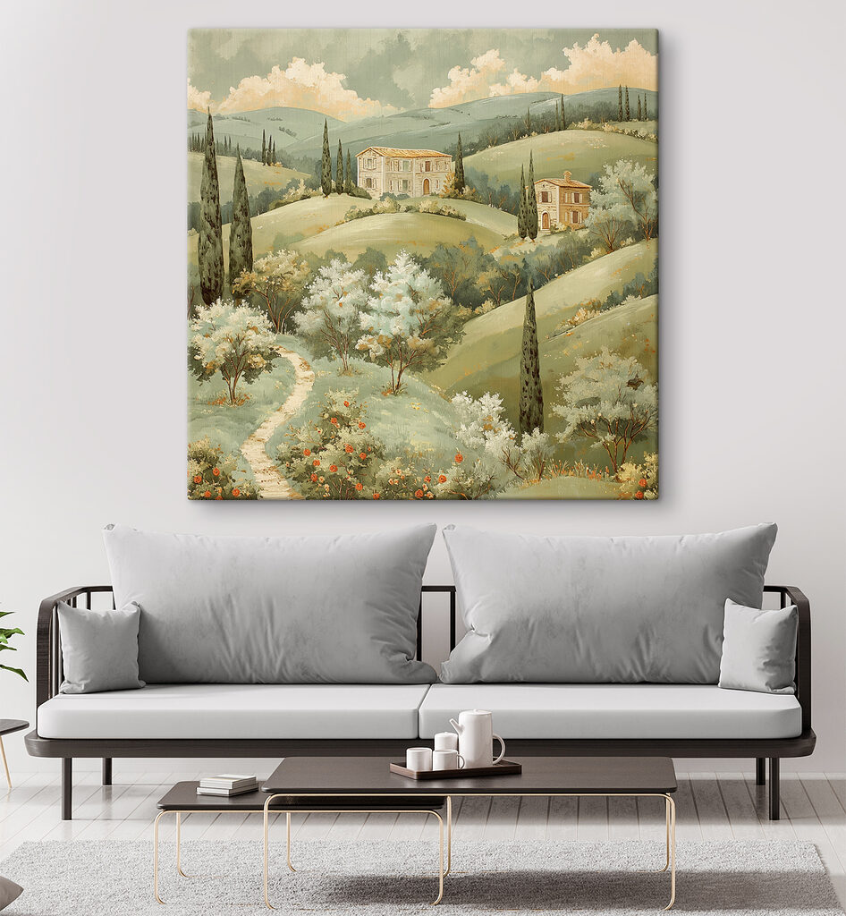 Huizen boven witbloeiende heuvels — interieur 2