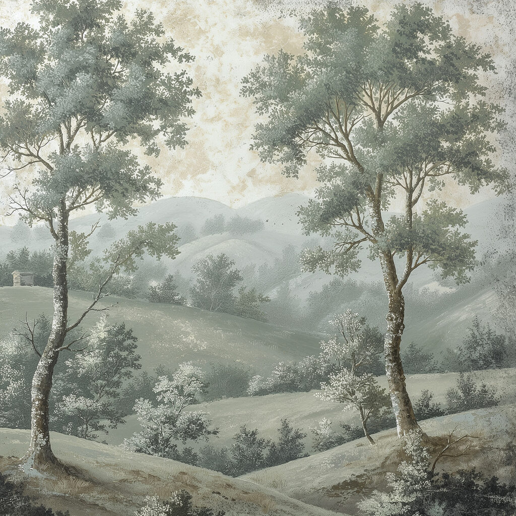 Twee bomen, nevelige heuvels — volledig ontwerp