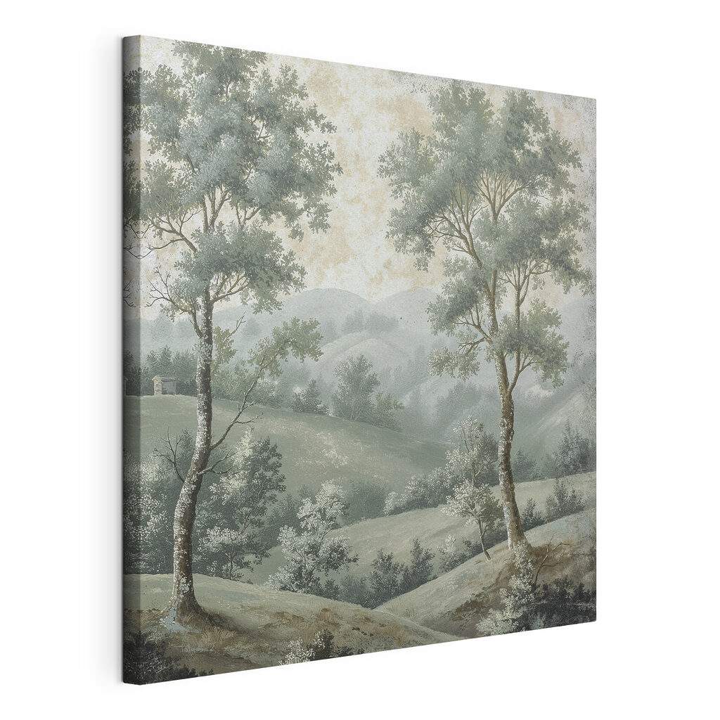Twee bomen, nevelige heuvels, gespannen canvas met doorlopende rand