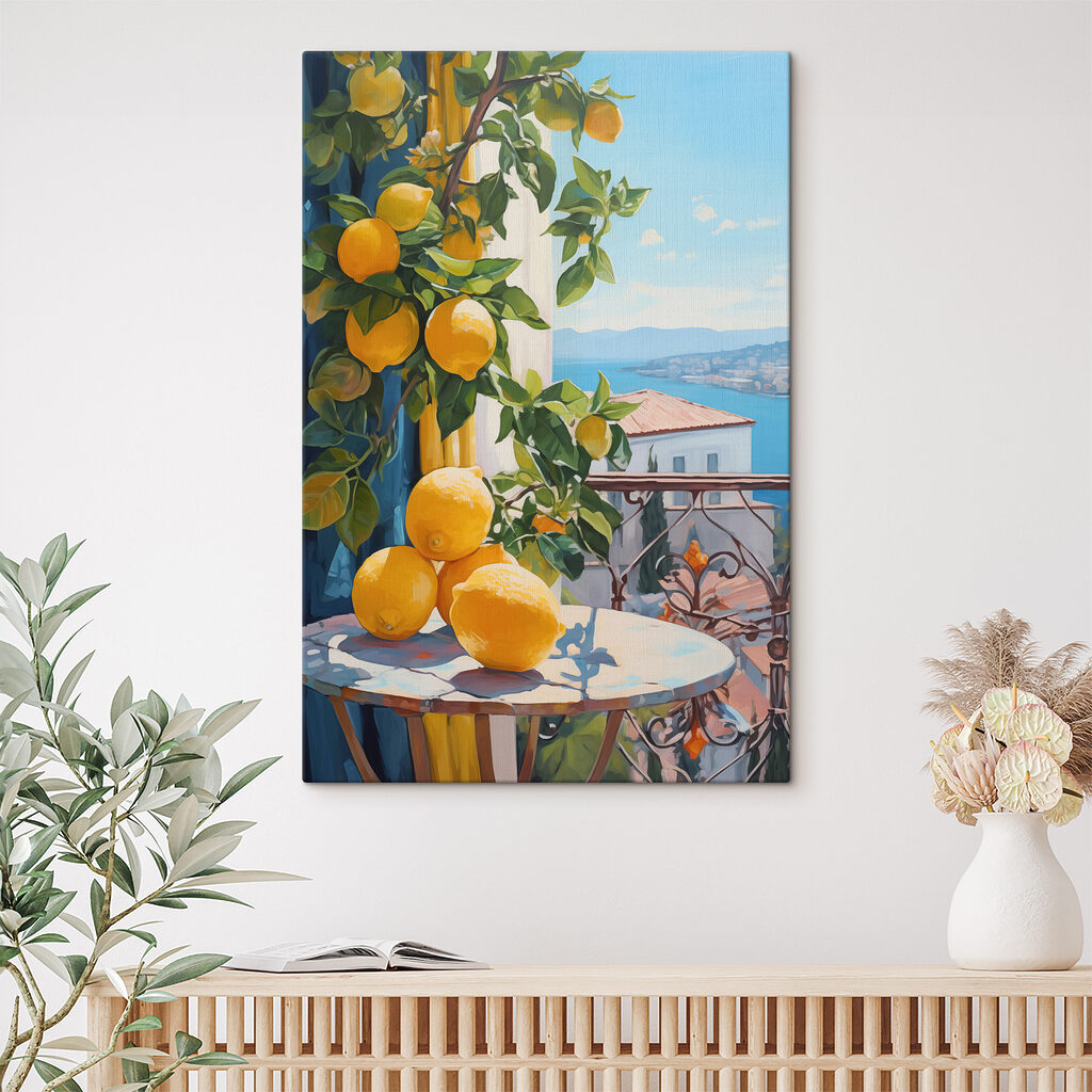 Schilderij van citroenen op een tafel in een interieur
