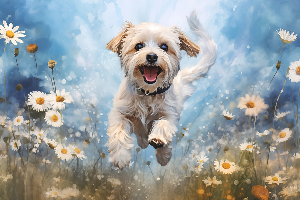 Hondje springt door bloemen — volledig ontwerp