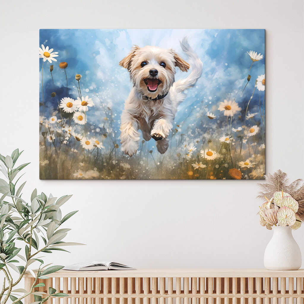 Hondje springt door bloemen — interieur 2