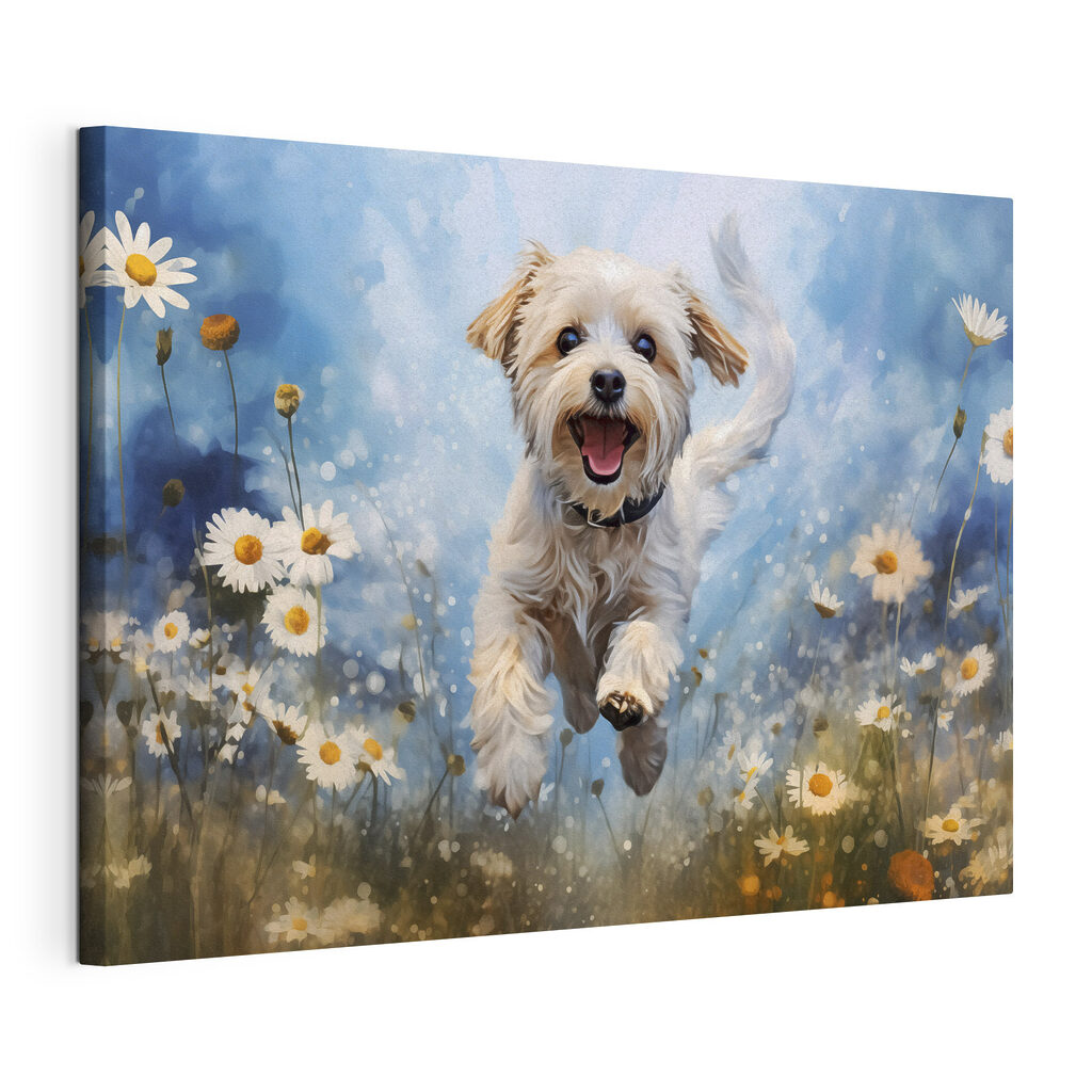 Hondje springt door bloemen, gespannen canvas met doorlopende rand