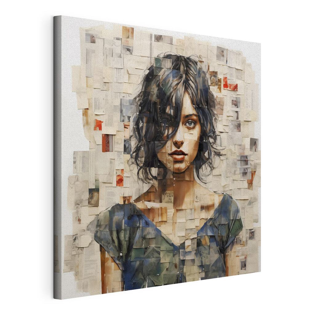 Portret in bleke fragmenten, gespannen canvas met doorlopende rand
