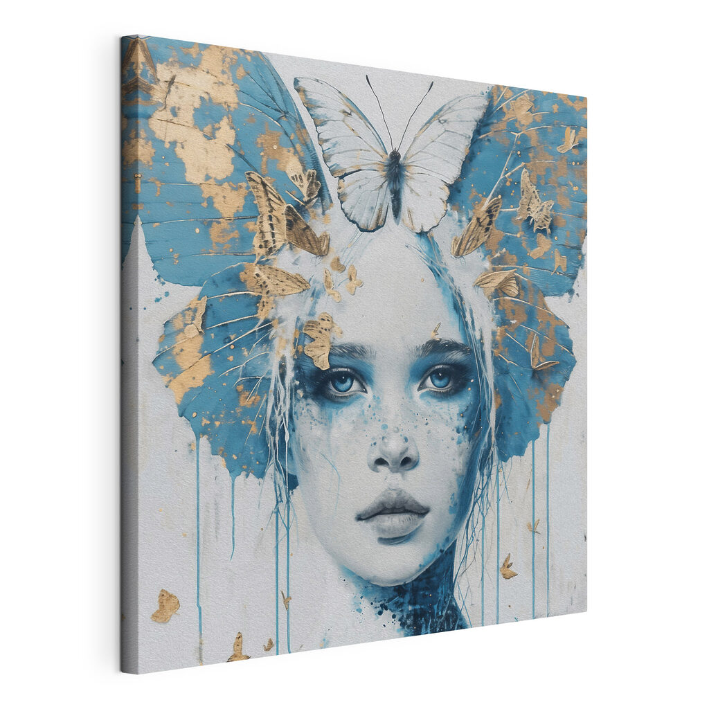 Vlinder boven blauwe ogen, gespannen canvas met doorlopende rand