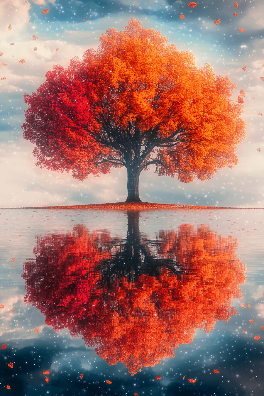 Een herfstboom verdubbelt zich — volledig ontwerp