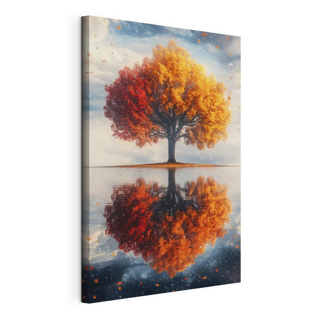 Een herfstboom verdubbelt zich, gespannen canvas met doorlopende rand