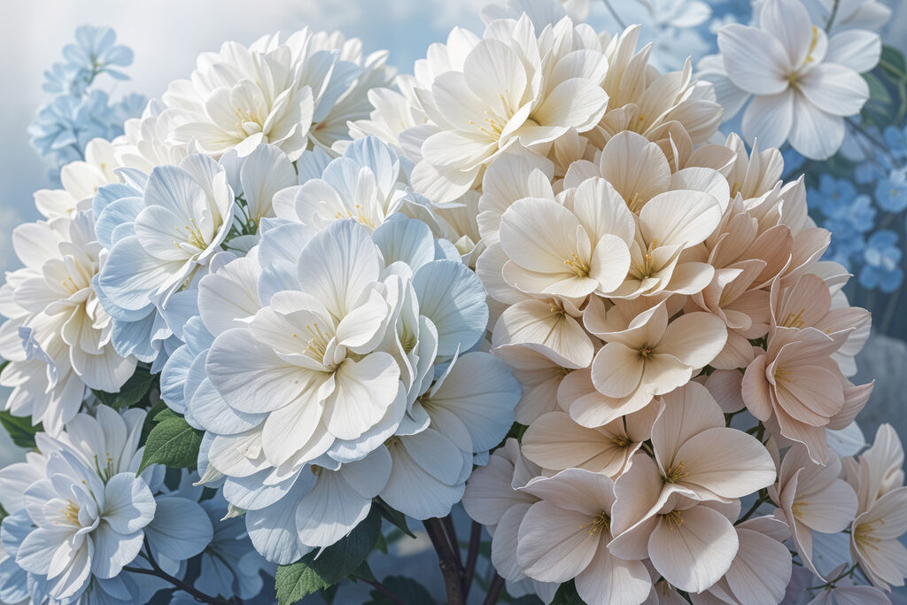 Witte hortensia’s in blauw — volledig ontwerp
