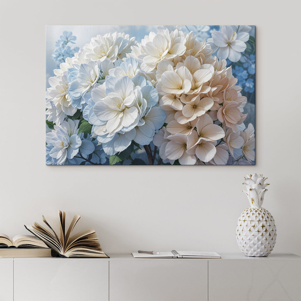 Witte hortensia’s in blauw — interieur 2