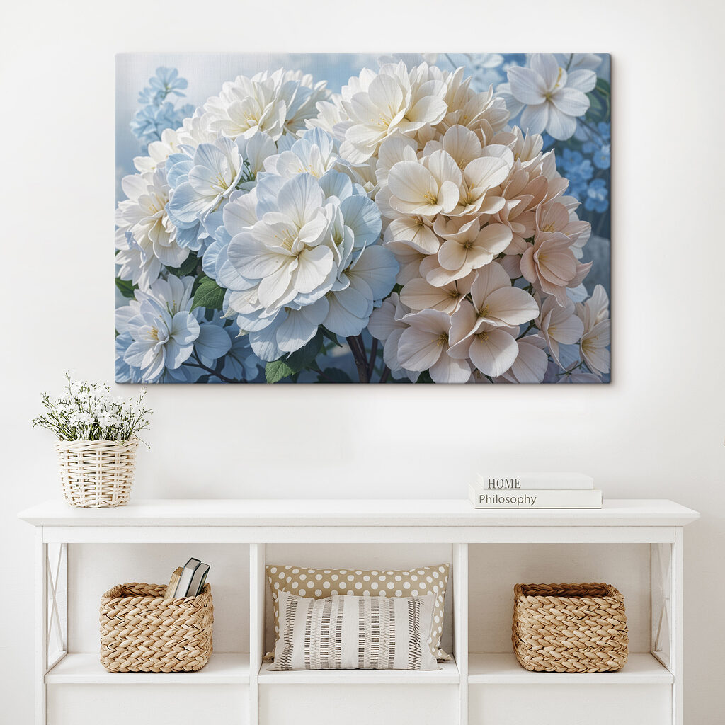 Witte hortensia’s in blauw — interieur 1