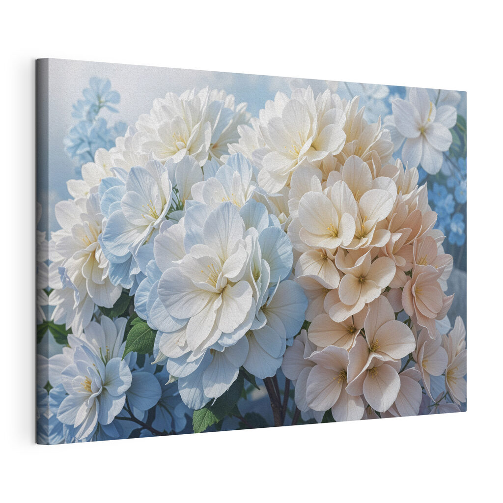 Witte hortensia’s in blauw, gespannen canvas met doorlopende rand