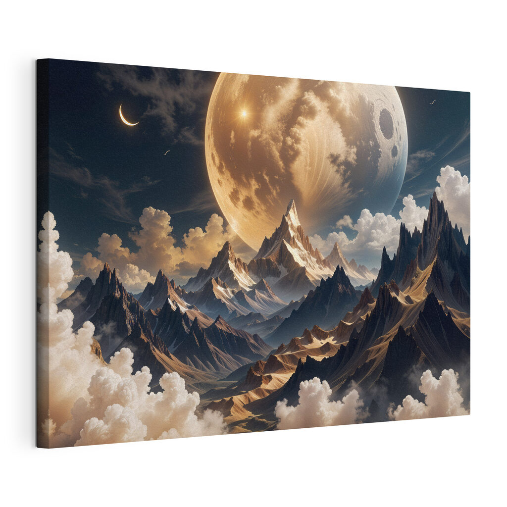 Maan boven donkere bergspitsen, gespannen canvas met doorlopende rand