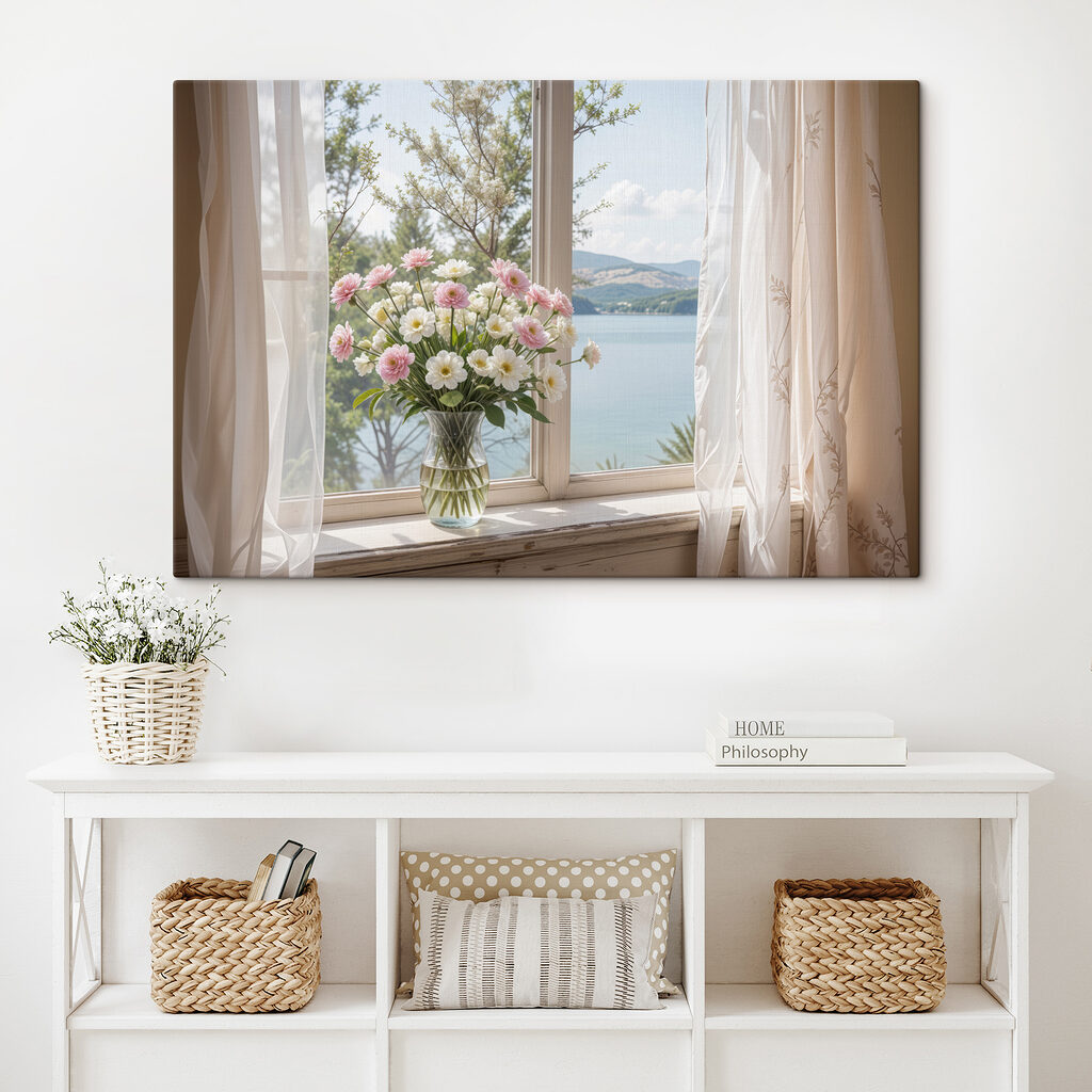 Vaas met bloemen voor een raam in een interieur