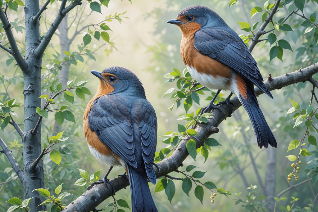 Twee vogels tussen frisgroen — volledig ontwerp