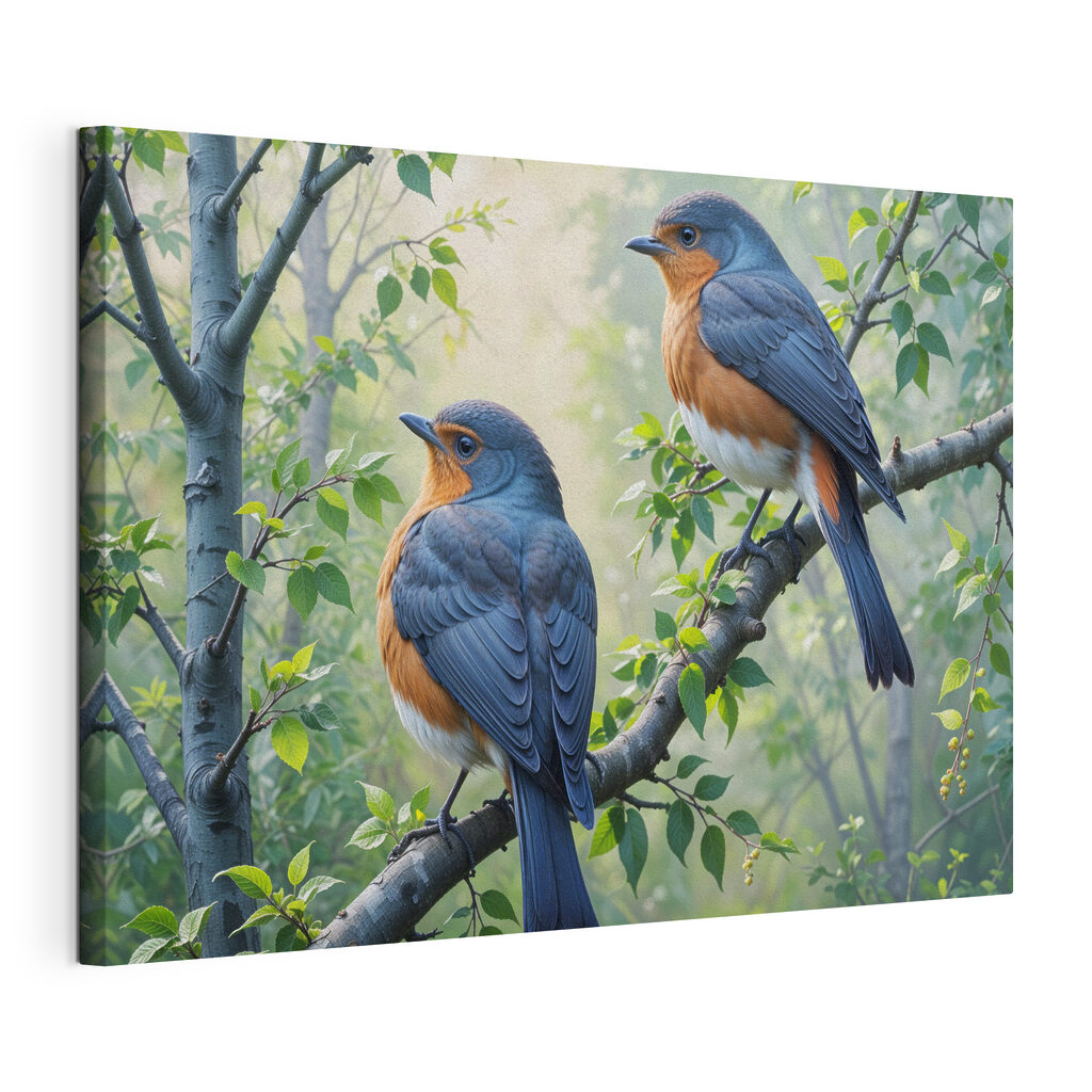 Twee vogels tussen frisgroen, gespannen canvas met doorlopende rand