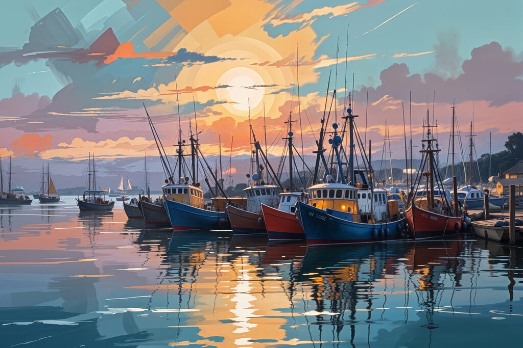 Vissersboten vangen avondlicht — volledig ontwerp
