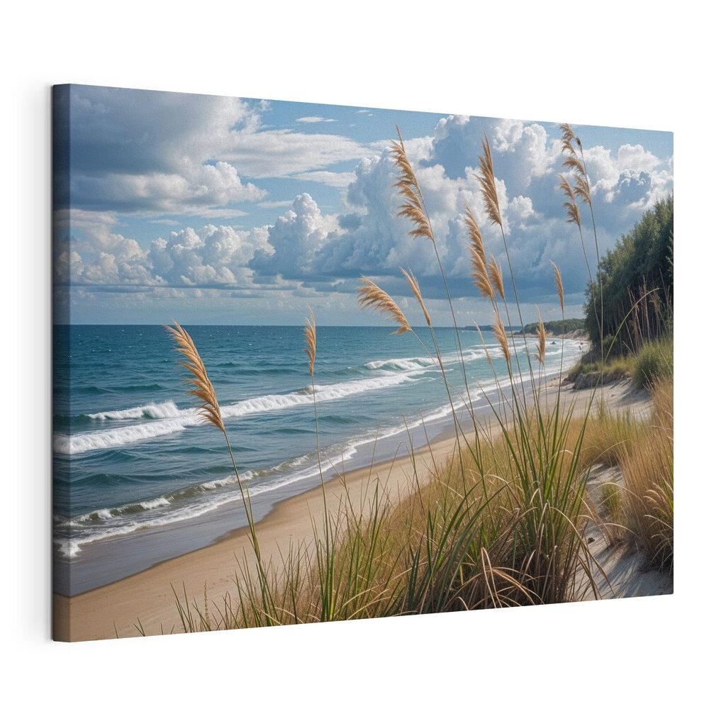 Strandgras onder hoge wolken, gespannen canvas met doorlopende rand