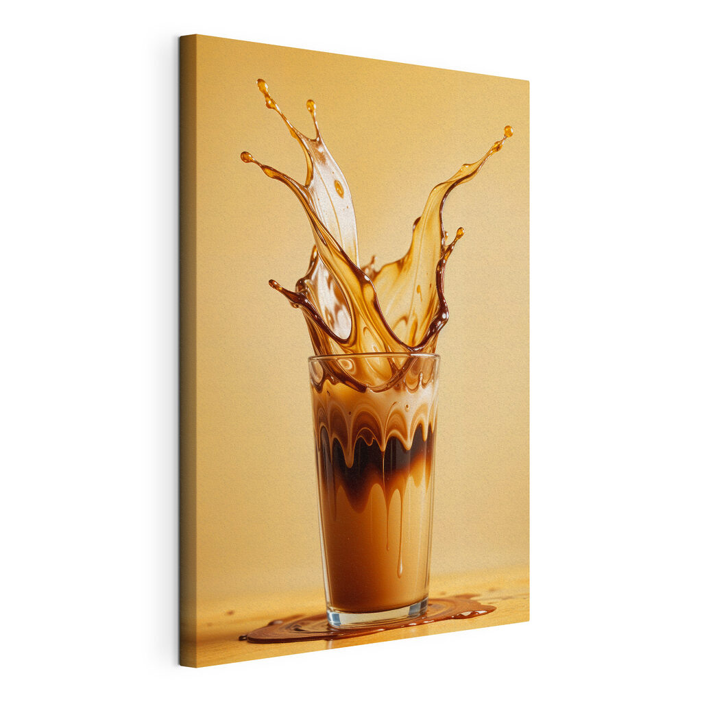 Een glas met koffiespatten, gespannen canvas met doorlopende rand