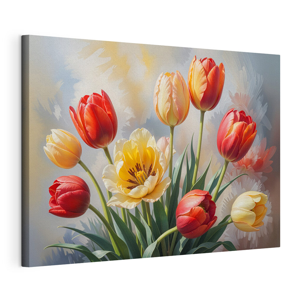 Tulpen in warme voorjaarskleuren, gespannen canvas met doorlopende rand