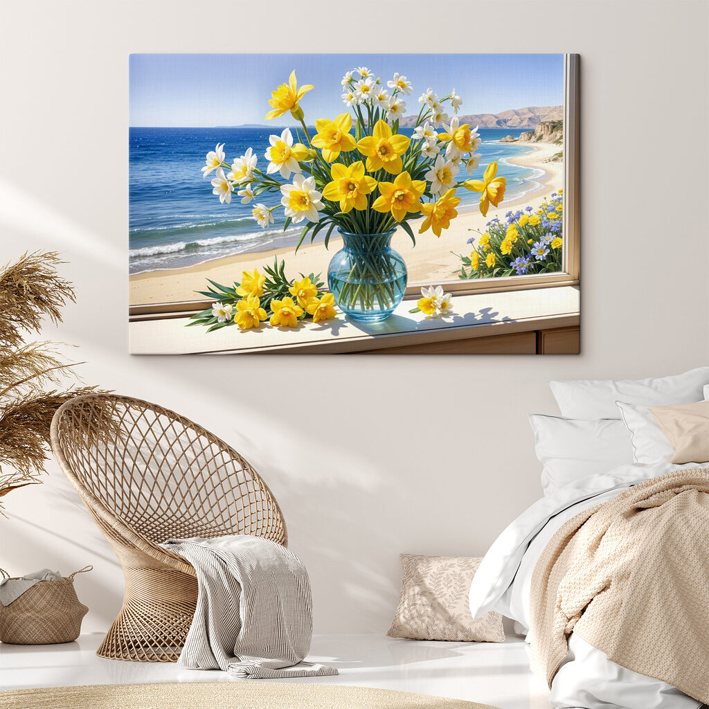Narcissen voor blauwe baai in een interieur