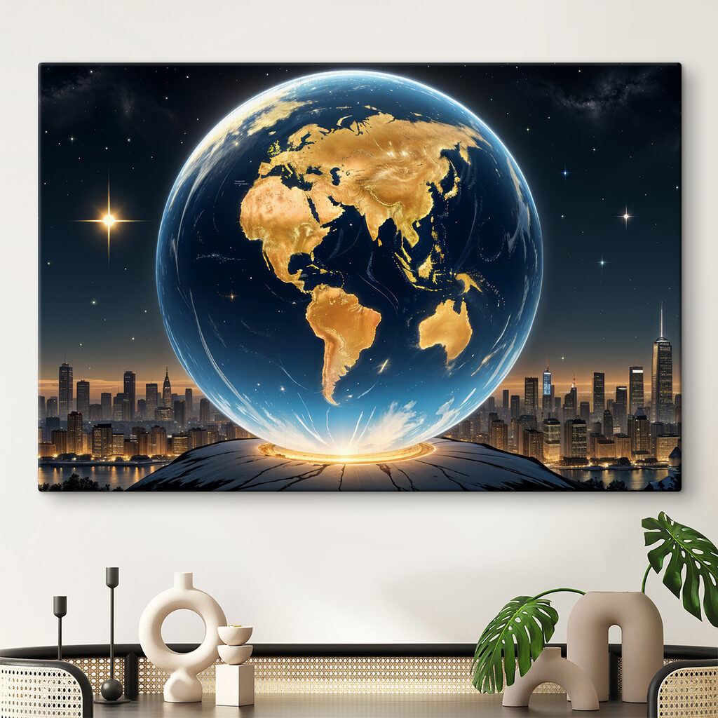 Een wereldbol boven stad in een interieur