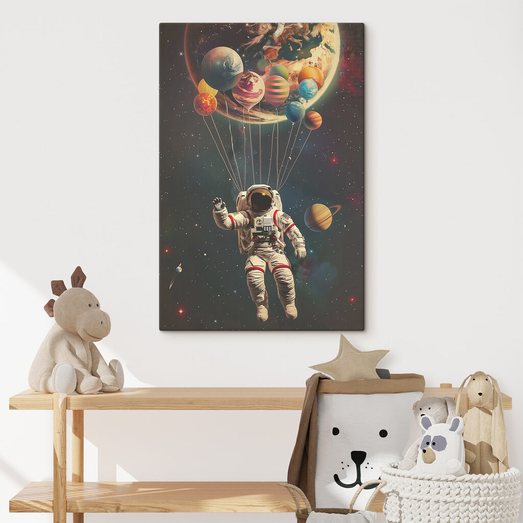 Een astronaut zwevend in de ruimte met ballonnen in een interieur