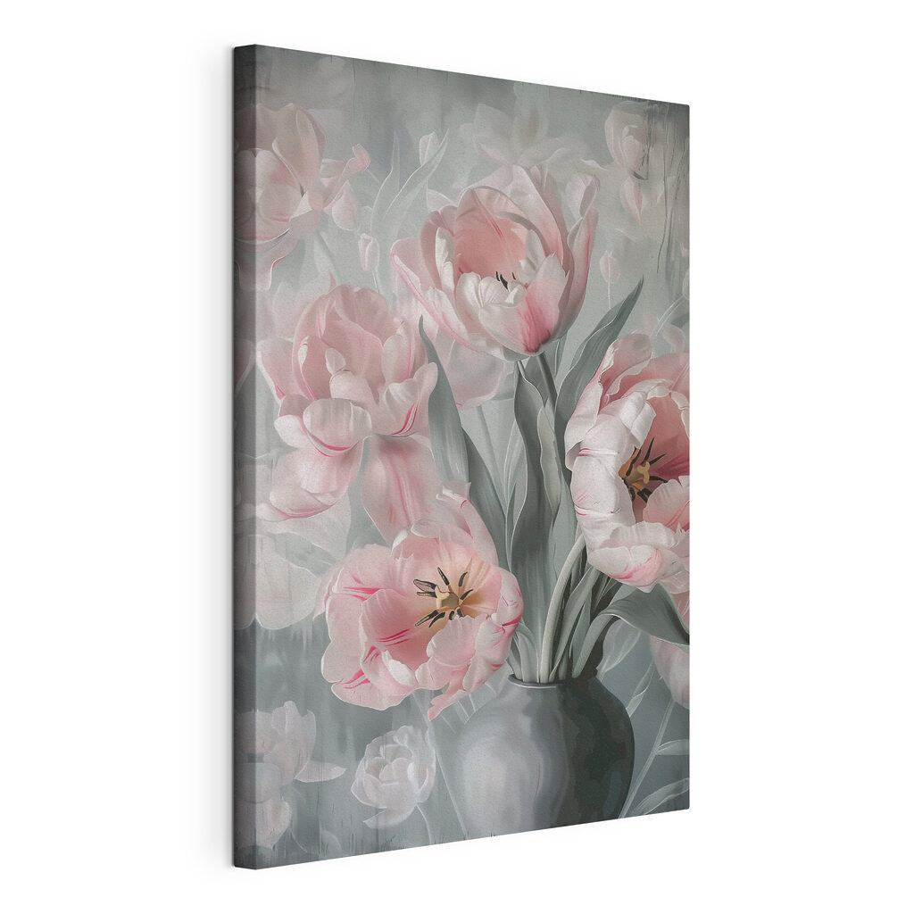 Roze tulpen in vaas, gespannen canvas met doorlopende rand