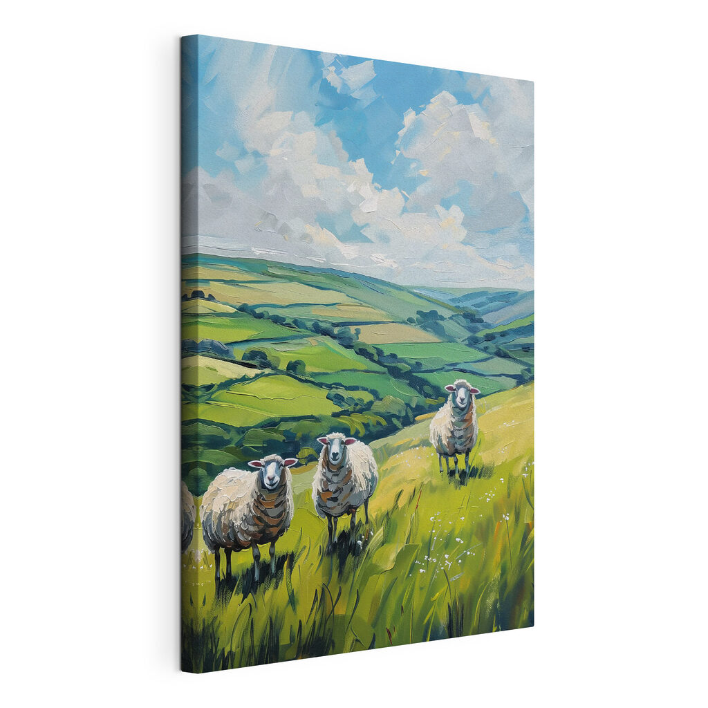 Schapen boven groene dalen, gespannen canvas met doorlopende rand